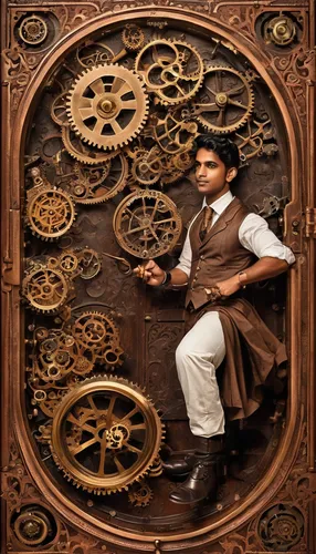 Imagine Divya Narendra as a detective solving a puzzling murder case.,clockmaker,steampunk gears,watchmaker,steampunk,clockwork,cogs,mechanical engineering,grandfather clock,cogwheel,mechanical puzzle