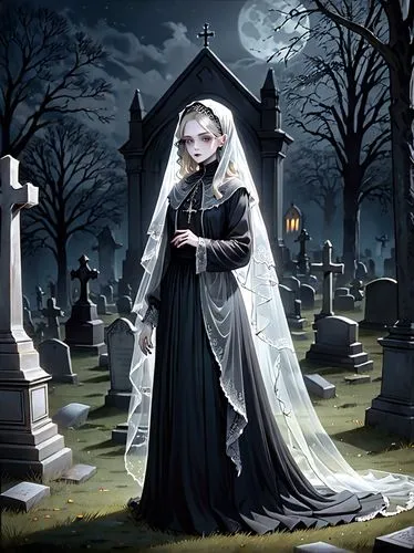 dead bride,gothic portrait,gothic woman,burial ground,angel of death,dance of death,gothic fashion,of mourning,gothic style,grave jewelry,memento mori,mourning,gothic,sepulchre,grave light,dark gothic mood,vampire lady,life after death,cemetary,dark art,Anime,Anime,General