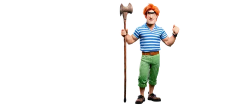 Fred Flintstone, caveman, orange hair, black eyes, white teeth, iconic "yabba dabba doo" expression, green and purple striped shirt, blue pants, feet bare, holding club, standing with both legs apart,