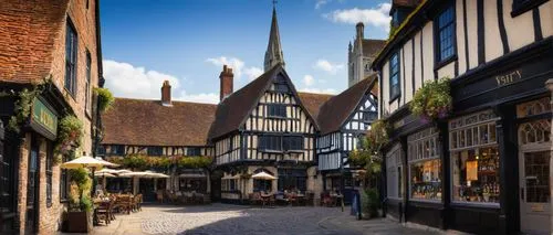 Chichester, historic town, medieval architecture, grand cathedral, stone walls, stained glass windows, intricate carvings, Gothic Revival style, vibrant market square, bustling streets, old lanterns, 