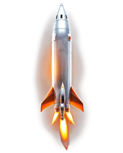 Rocket, SFX, metallic surface, silver body, flame exhaust, smoke trail, stars in background, dynamic pose, leaning forward, engines on, vibrant orange glow, high-contrast lighting, shallow depth of fi