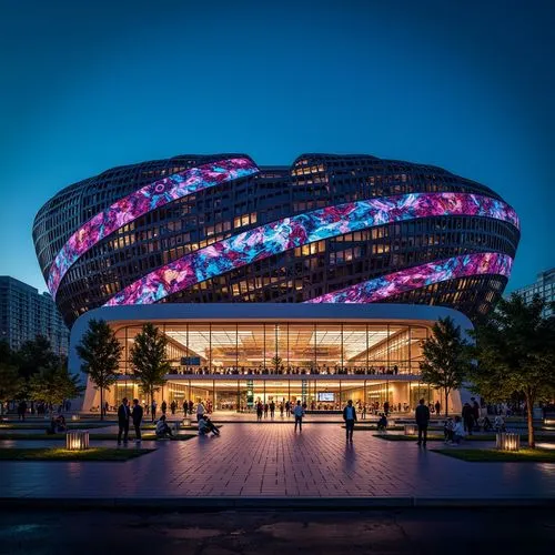 Sleek stadium facade, dynamic curves, futuristic architecture, fusion of modern materials, metallic latticework, LED lighting systems, vibrant color schemes, cantilevered roofs, grand entrance gates, 