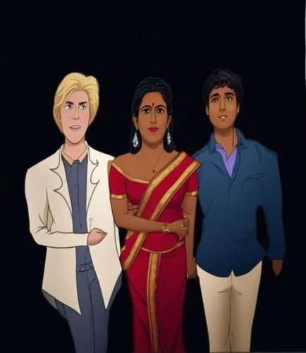 Young Blonde Englishman with Actress Renuka Kumaran and Young Charming Neel Kamal standing in a dark night,amitabh,degeneres,manjeet,vector people,tamwar,chakrabarti,vanaja,maharajas,dalit,raj,dharmas