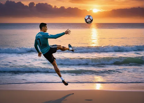 Create a photograph of Cristiano Ronaldo doing a bicycle kick on a picturesque beach at sunset.,beach soccer,soccer kick,footvolley,soccer ball,soccer,soccer player,beach sports,footballer,goalkeeper,