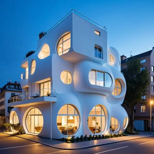 a modern, futuristic apartment building with a highly unique and imaginative design. The building's façade is composed of a series of rounded, bubble-like structures of varying sizes, all in a soft, m