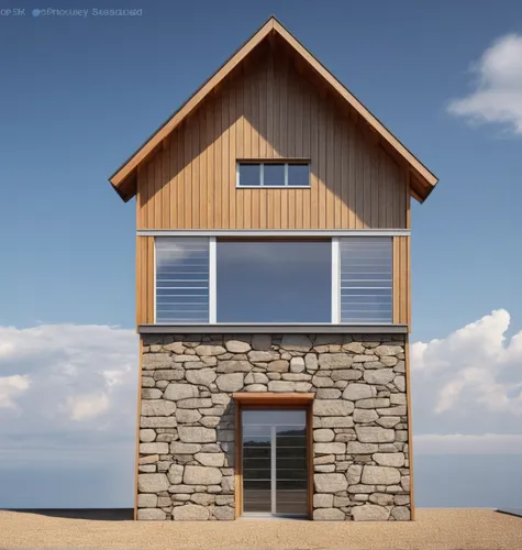 Wood and stone as materials. The building is inspired by both traditional architecture and modern architecture. References are swiss and scandinavian architecture,dunes house,wooden house,mountain hut