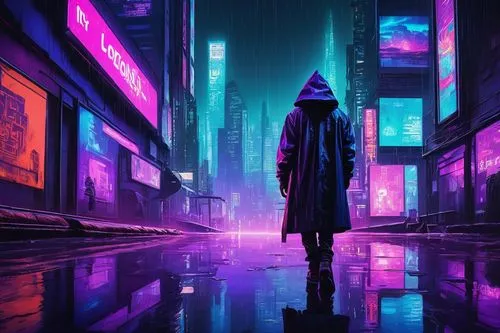 cyberpunk,dystopian,cityscape,shinjuku,ultraviolet,vapor,pedestrian,cyber,wanderer,futuristic,dystopia,colorful city,neon lights,walking in the rain,tokyo city,urban,tokyo,neon arrows,blue rain,matrix,Art,Artistic Painting,Artistic Painting 51