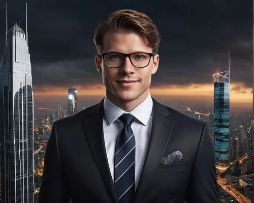 Modern architectural glass supplier, sleek black suit, white shirt, tie, glasses, short brown hair, professional smile, holding a glass sample, standing in front of a city skyscraper, reflective glass