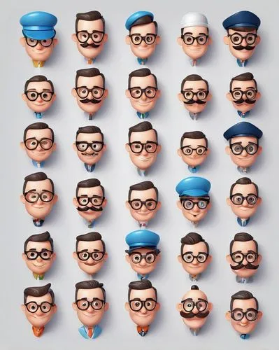 A delightful collection of 22 playful, childlike illustrations featuring diverse father faces. The expressions range from serious to smiling, with some characters wearing glasses, hats, mustaches, and