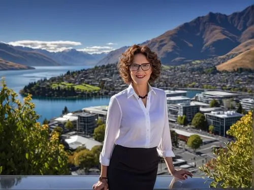 Queenstown architectural designer, mature lady, 30s, professional attire, glasses, curly brown hair, subtle makeup, elegant necklace, white blouse, black pencil skirt, high heels, holding blueprints, 