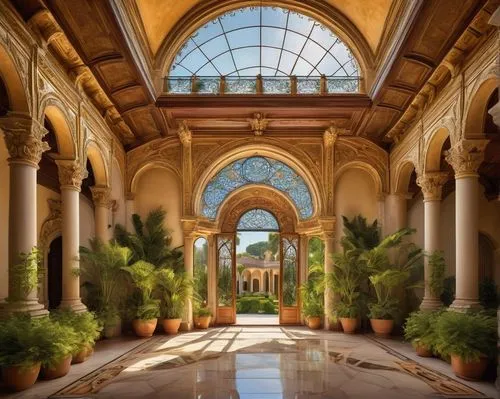 glyptotek,conservatory,sursock,wintergarden,winter garden,orangery,emirates palace hotel,orangerie,inside courtyard,atriums,royal palms,mamounia,chhatris,dolmabahce,alcazar of seville,naples botanical garden,marble palace,villa cortine palace,archways,cochere,Illustration,Abstract Fantasy,Abstract Fantasy 19