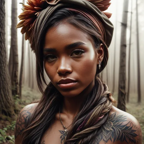 forest, mist, flowers, chasing a whilte wolf , hawaiian tattoos on face,polynesian girl,aborigine,headdress,beautiful bonnet,feather headdress,indian headdress,african american woman,tattoo girl,headp