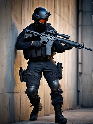 tactical shotgun, pump-action, matte black finish, textured grip, Picatinny rail, red dot sight, shell holder, extended magazine tube, breaching muzzle, operator in action, SWAT gear, bulletproof vest