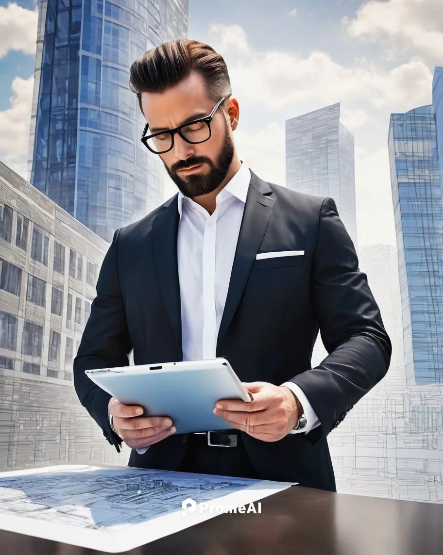 A mature businessman, 35-40 years old, standing in front of a modern skyscraper, cityscape, sunny day, blue sky with few white clouds, wearing a black tailored suit, white dress shirt, black tie, blac