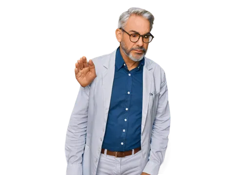 Older man, hemochromatosis patient, serious expression, brown skin tone, wrinkles, grey hair, bushy eyebrows, thick beard, wear glasses, white shirt, unbuttoned collar, dark blue pants, sitting on exa