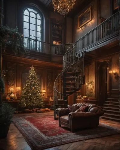 christmas room,christmas scene,christmas landscape,christmas motif,christmas fireplace,nordic christmas,christmas decor,christmas house,the christmas tree,christmas decoration,holiday decorations,festive decorations,christmas mock up,christmas carol,mansion,winter house,staircase,christmas banner,the occasion of christmas,decorated,Photography,General,Fantasy