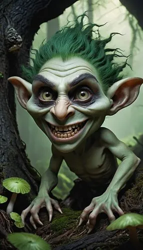 Troll face generator, grotesque features, exaggerated expression, bulbous nose, crooked teeth, messy green hair, thick eyebrows, warty skin, menacing gaze, sinister grin, dark fantasy setting, eerie c