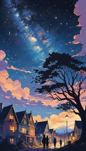 night scene,night sky,the night sky,house silhouette,beautiful wallpaper,starry sky,nightsky,houses silhouette,skygazers,skywatchers,starbound,travelers,dusk background,sky,night stars,ghibli,star sky,landscape background,stargazing,twilight,Illustration,Japanese style,Japanese Style 06