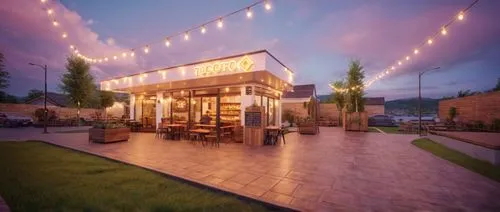 an adorable small town coffee shop
with twinkle lighting and outdoor seating. kids having fun. people enjoying coffee
,beer garden,3d rendering,wine bar,liquor bar,beer tent set,render,brewpub,patios,