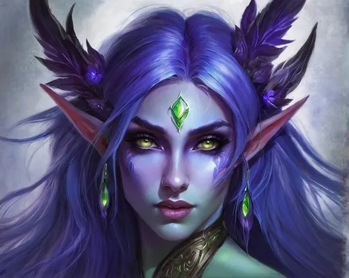 violet head elf,dark elf,fantasy portrait,blue enchantress,male elf,elven,lokportrait,twitch icon,fantasy art,druid,custom portrait,elf,faerie,mara,lavendar,fae,elven flower,horn of amaltheia,portrait background,mezzelune,Illustration,Paper based,Paper Based 11