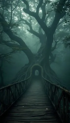 wooden bridge,foggy forest,haunted forest,tree top path,creepy tree,the mystical path,Photography,Documentary Photography,Documentary Photography 11