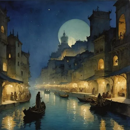 night scene,hallia venezia,venetian,grand canal,italian painter,dubai creek,rem in arabian nights,venice,gondolier,rome night,evening atmosphere,islamic lamps,medina,the carnival of venice,the cairo,souk,moonlit night,souq,gondolas,riad,Illustration,Paper based,Paper Based 23