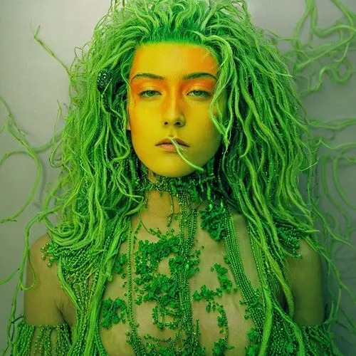 cyberpunk, vaporwave, syfy, 1990, colours orange, yellow, green,a woman with bright green hair has long curls in her hair,medusa,dryad,medusa gorgon,green skin,green paprika,greenman,green mermaid sca