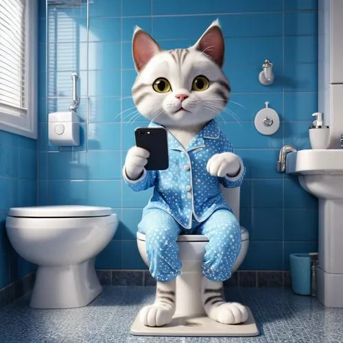 anthropomorphic 3d cat sitting on a water closet, wearing pyjamas with paw prints, going for a poop, and reading and iphone, background bathroom,filbert,cute cartoon character,alberty,cartoon cat,toil