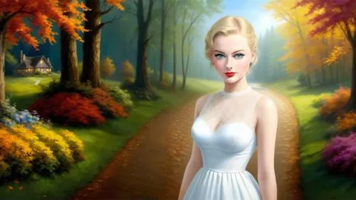 Romantic masterpiece oil painting, cute girl portrait, nostalgic 1950's style kitsch, breathtaking beautiful landscape, majestic natural Autumn scenery, warm evening lighting, highly detailed, high re