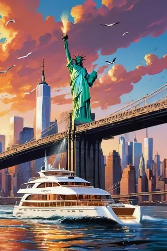 New York City, Manhattan skyline, majestic skyscrapers, intricate building details, glass and steel structures, evening sunset, golden hour lighting, Hudson River waterfront, luxury yacht, sleek moder