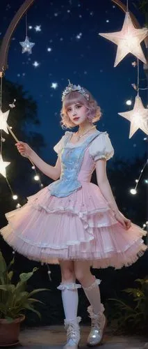 Lolita, lunar-themed costume, crescent moon symbol, sparkly hair clips, pale blue eyes, delicate eyelashes, porcelain skin, soft pink lips, frilly white dress, layered tulle skirt, glittery boots, hol