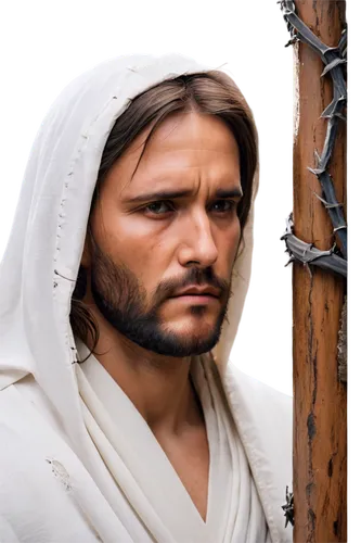 Jesus Christ, Calvary scene, crown of thorns, bloodstained face, sorrowful expression, white robe, torn and worn, wooden cross, rugged stone background, dramatic lighting, intense shadows, 3/4 composi