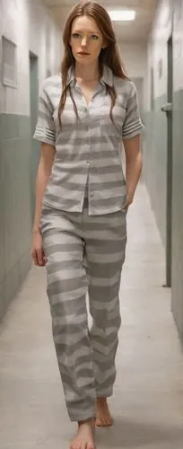 full body view:(female prisoner)(barefooted, barefoot, bare feet, bare toes, natural toenails)(normal ideal human proportions, real human proportions)(medium buxom)(neutral expression, natural face, n