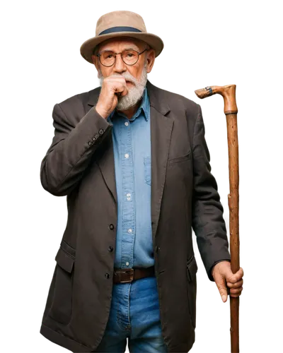 old, wrinkled face, white beard, thick glasses, worn-out hat, loose-fitting clothes, walking stick, standing, senior, realistic, natural lighting, soft focus, 3/4 composition, warm color tone.,ferling