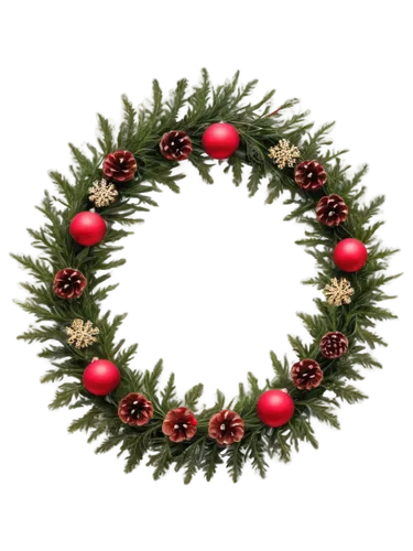 Christmas wreath, evergreen branches, red berries, golden ornaments, pinecones, snowflakes, festive atmosphere, circular shape, dense foliage, bright colors, soft lighting, macro shot, shallow depth o