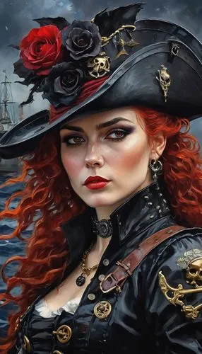 black pearl,steampunk,gothic woman,scarlet sail,viveros,the sea maid,Conceptual Art,Oil color,Oil Color 10