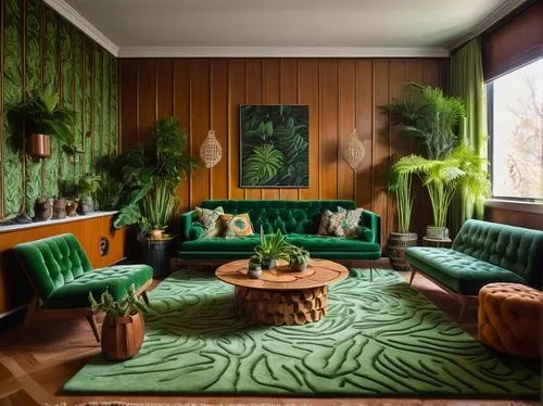 mahdavi,mid century modern,sitting room,showhouse,interior design,chaise lounge,mid century house,green living,fromental,interior decor,interior decoration,gournay,art deco,houseplants,tropical greens,midcentury,modern decor,mid century,interiors,bellocq,Illustration,Realistic Fantasy,Realistic Fantasy 06