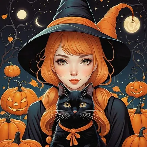 halloween illustration,halloween witch,samhain,halloween black cat,halloween cat,halloween wallpaper,Illustration,Japanese style,Japanese Style 15