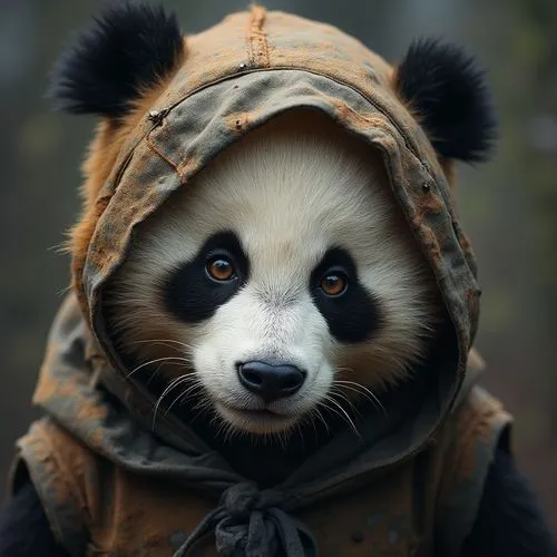 a panda with a hooded look on his face,pandabear,beibei,little panda,panda,panda cub,panda bear