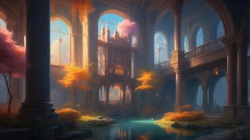 the interior of a palace with tall pillars and arches,hall of the fallen,fantasy landscape,ruins,church painting,fantasy picture,conclave,Conceptual Art,Fantasy,Fantasy 01