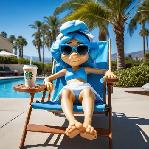  image of Smurfette, wearing "deal with it" glasses, lying down in a lawn chair with a coffee, next to a pool. Hot sunny california day, palms,smurf figure,scandia gnome,marie leaf,blue hawaii,pubg ma