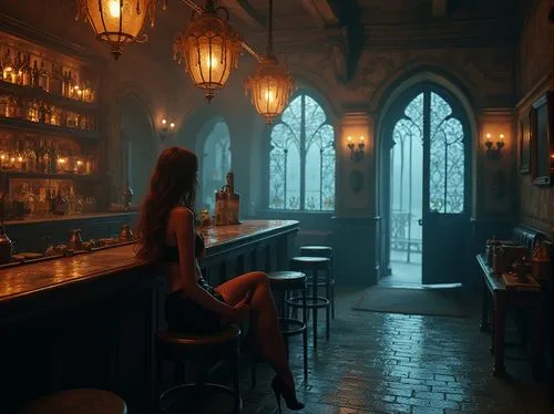 Lakefront scenery, mysterious misty atmosphere, gothic-inspired bar, intricate stone carvings, stained glass windows, heavy iron doors, dim warm lighting, ornate wooden furniture, mysterious bartender