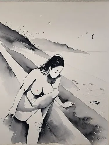 girl on the dune,ink painting,dance with canvases,tusche indian ink,kimoto,utamaro,watercolor pin up,surfer,aquarelle,sumi,takimoto,okimoto,beachgoer,laurencin,photo painting,ashtanga,inanna,water color,darna,sakimoto,Illustration,Paper based,Paper Based 30