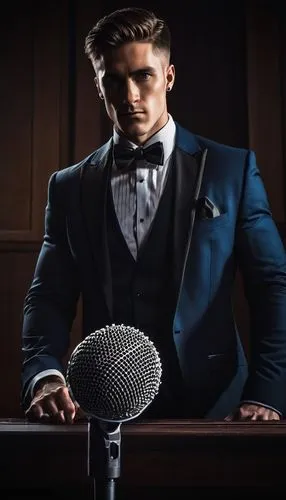 Tall, muscular Titan speaker man, strong facial features, short, spiky hair, silver earrings, bold, blue eyes, subtle smile, formal, black tuxedo, white shirt, black bow tie, microphone in hand, stand