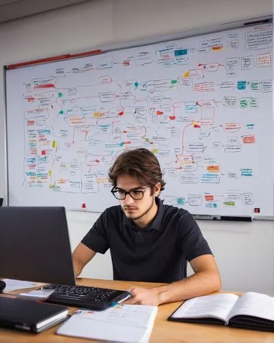 Classroom, whiteboard, Java textbook, laptop, coding, programmer, young adult male, casual wear, glasses, messy brown hair, focused expression, JVM diagram, architecture illustration, UML notation, Cl