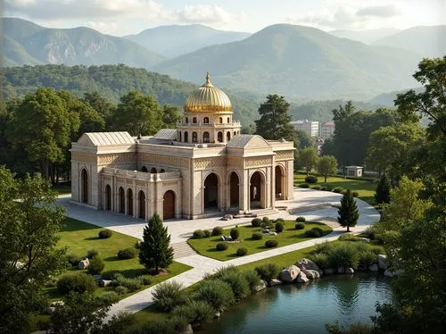 Majestic Byzantine palace, lush greenery, tranquil gardens, intricately carved stone walls, ornate golden domes, vibrant mosaics, grand archways, majestic pillars, serene water features, walking paths