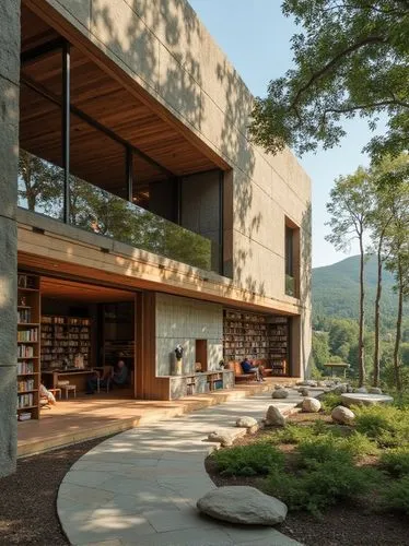 This architectural library is a modern, prominent building designed to blend in with its natural environment. Natural elements like stone and wood are used to create a warm and welcoming atmosphere, c