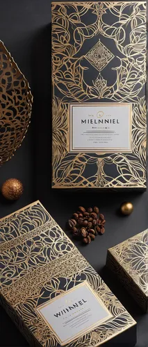 Craft an elegant packaging design incorporating metallic accents and intricate patterns.,tea box,crown chocolates,chocolatier,kopi luwak,block chocolate,clay packaging,commercial packaging,pu-erh tea,