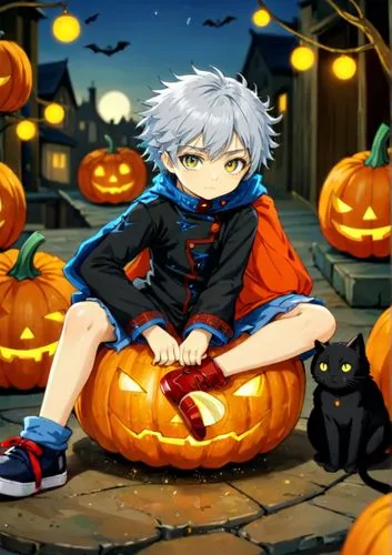 Niño sentado en calabaza ambiente de halloween gato negro y calabazas,a woman sitting on a pumpkin surrounded by cats,halloween background,halloween banner,halloween wallpaper,garrison,michio,kaworu,A