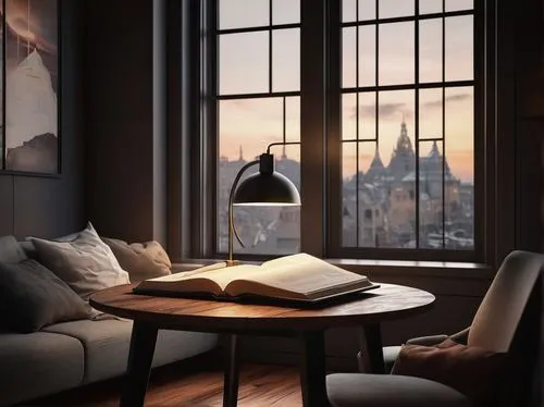 table lamps,loft,reading room,bay window,table lamp,evening atmosphere,morning light,study room,the evening light,wooden windows,livingroom,danish room,window view,winter window,evening light,floor lamp,sitting room,scandinavian style,lampe,furnishing,Conceptual Art,Fantasy,Fantasy 34